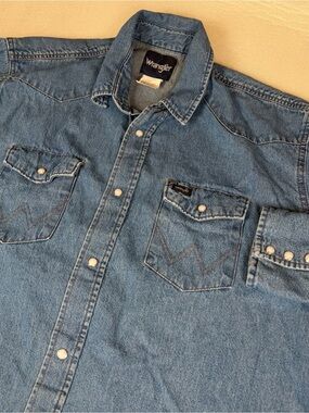 Wrangler Denim Shirt Mens XL T Blue Western Pearl Snap Long Sleeve Cowboy Rodeo